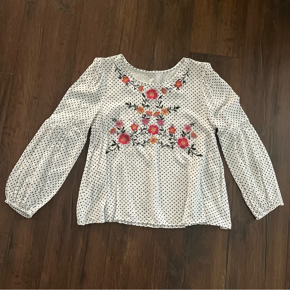 Floral Embroidered White Polka Dot Women's Top